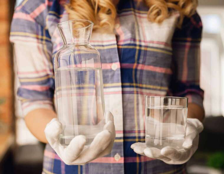 A woman holding a pitcher with unfiltered water and a glass of water