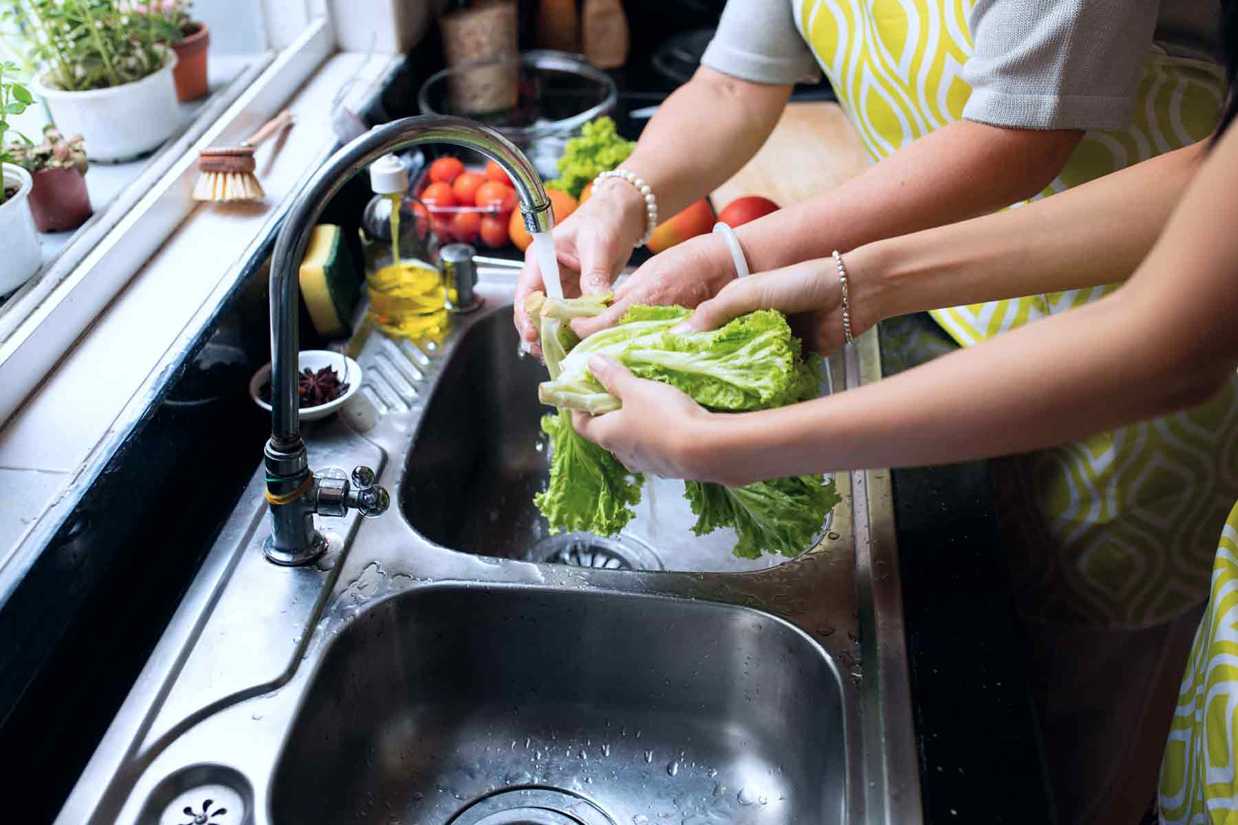 Two person bonding moment in the kitchen, washing vegetables together at the faucet