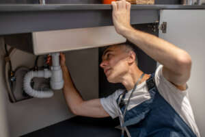 A filtration expert checking the bottom of a kitchen sink for reverse osmosis installation