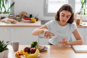 A woman at the dining table pouring herself a glass of filtered water