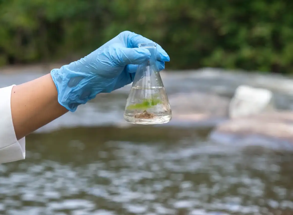 Professional holding a water sample for PFAS contamination testing