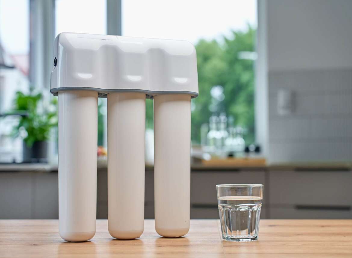 RO and carbon water filters and a glass of clean water